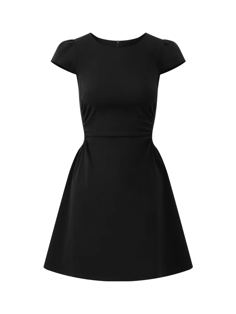 Hepburn Style Black Puff Sleeve Dress Women Summer Slim Fit A-Line Mini Dress Petite Elegant Waist-Cinching Short Sleeve Outfit