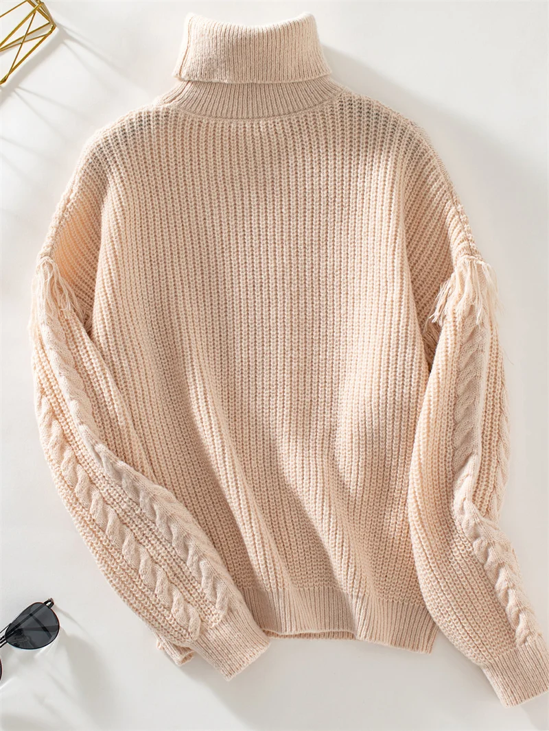 Womens Long Sleeve Cable Knit Turtleneck Tops Long Sleeve Tassel Knitted Sweaters Fall Winter Boho Hippie Outfits