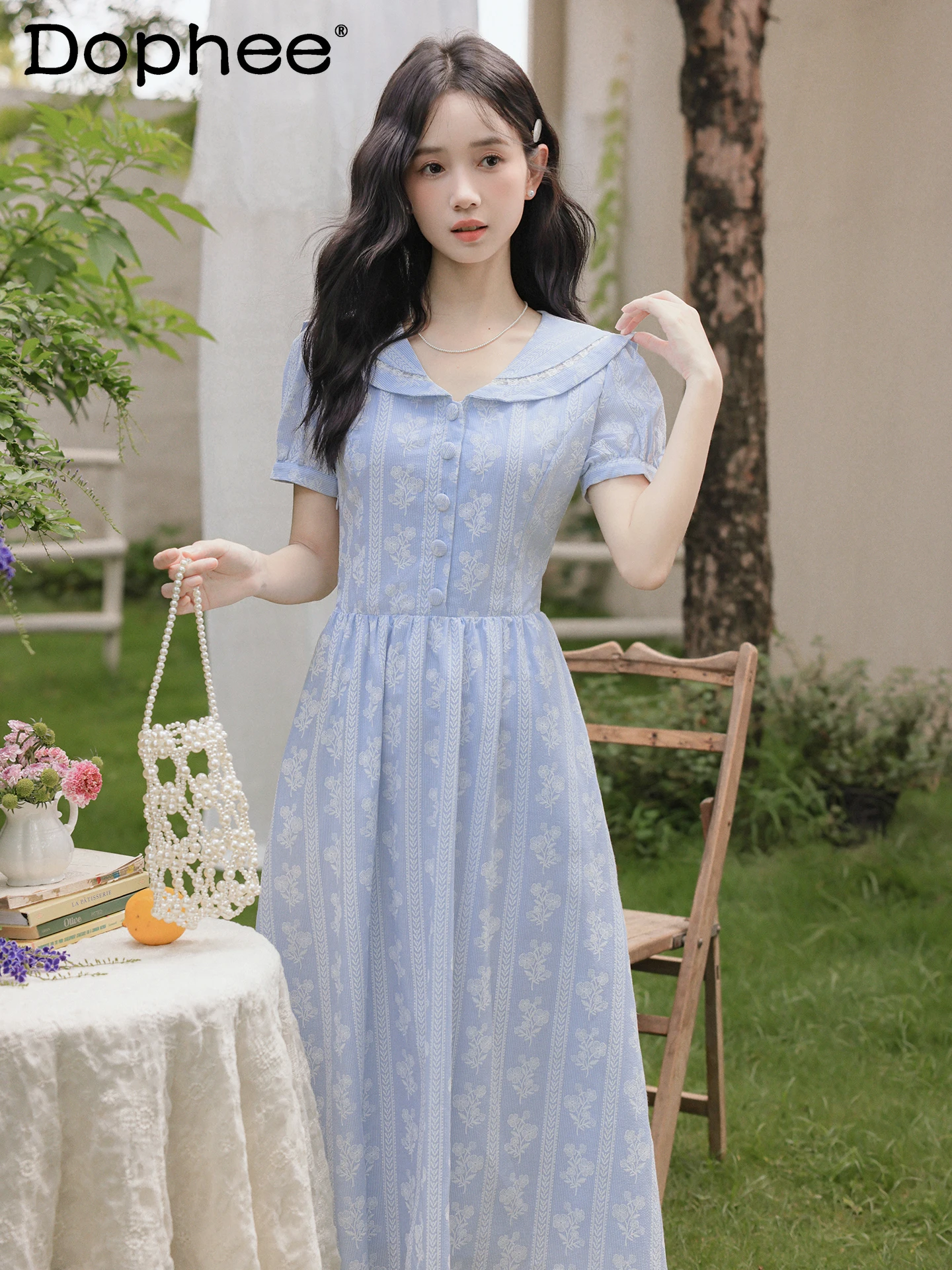 

Mori Girl Style Sweet Blue Fresh Navy Collar Dress for Women Summer Japanese Style Gentle Slimming Long Dress