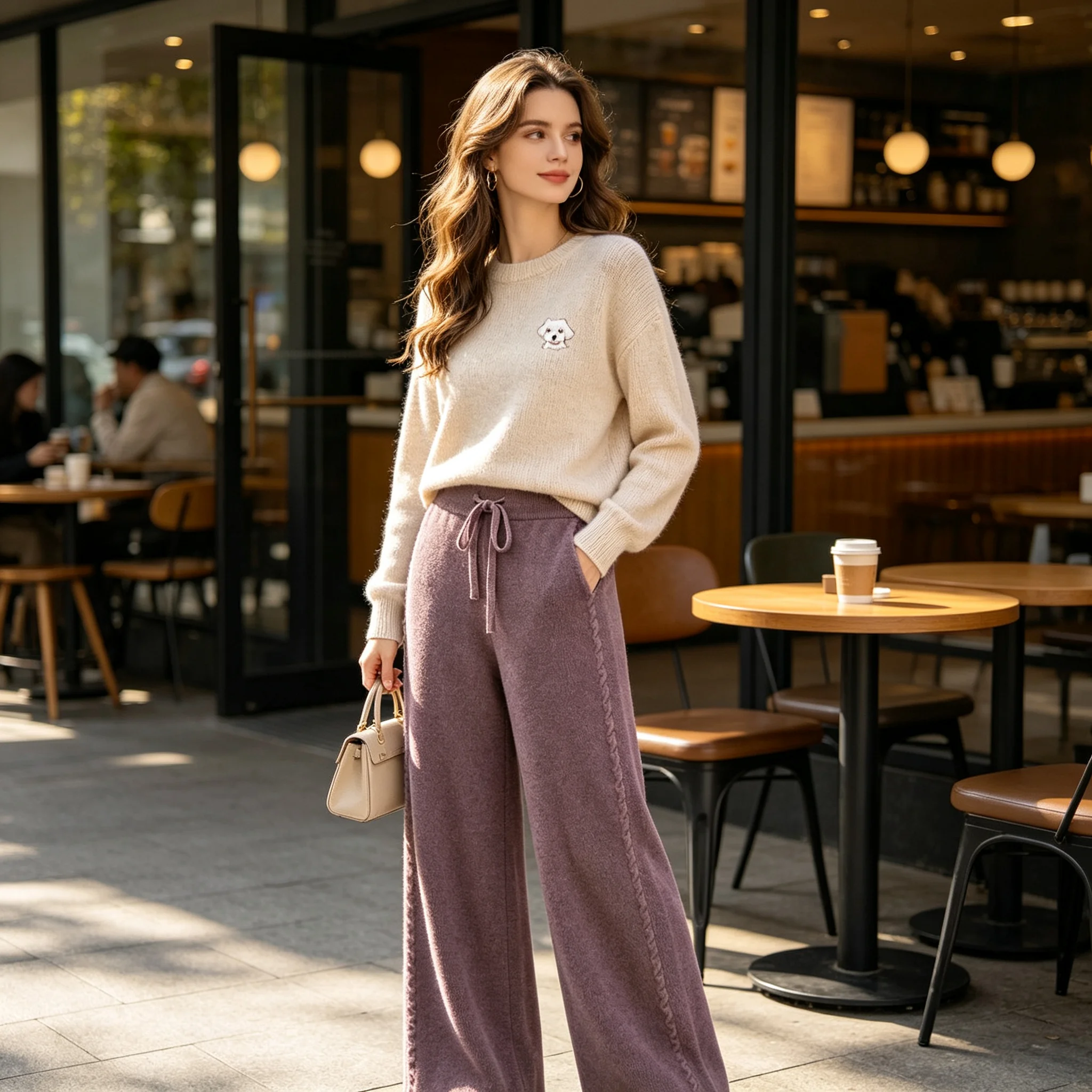 New cashmere knitted wide-leg pants women wear thick draped mop pants with high waist and straight trousers.