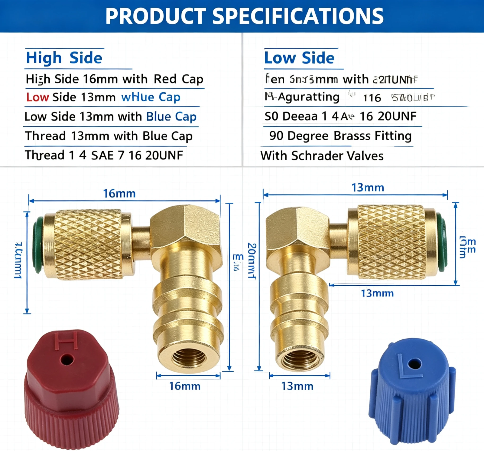 2Pcs R12 R22 To R134A Port Retrofit Adapter Kit 1 4SAE 7 16‑20UNF Copper Fitting With Schrader Valves Service Caps