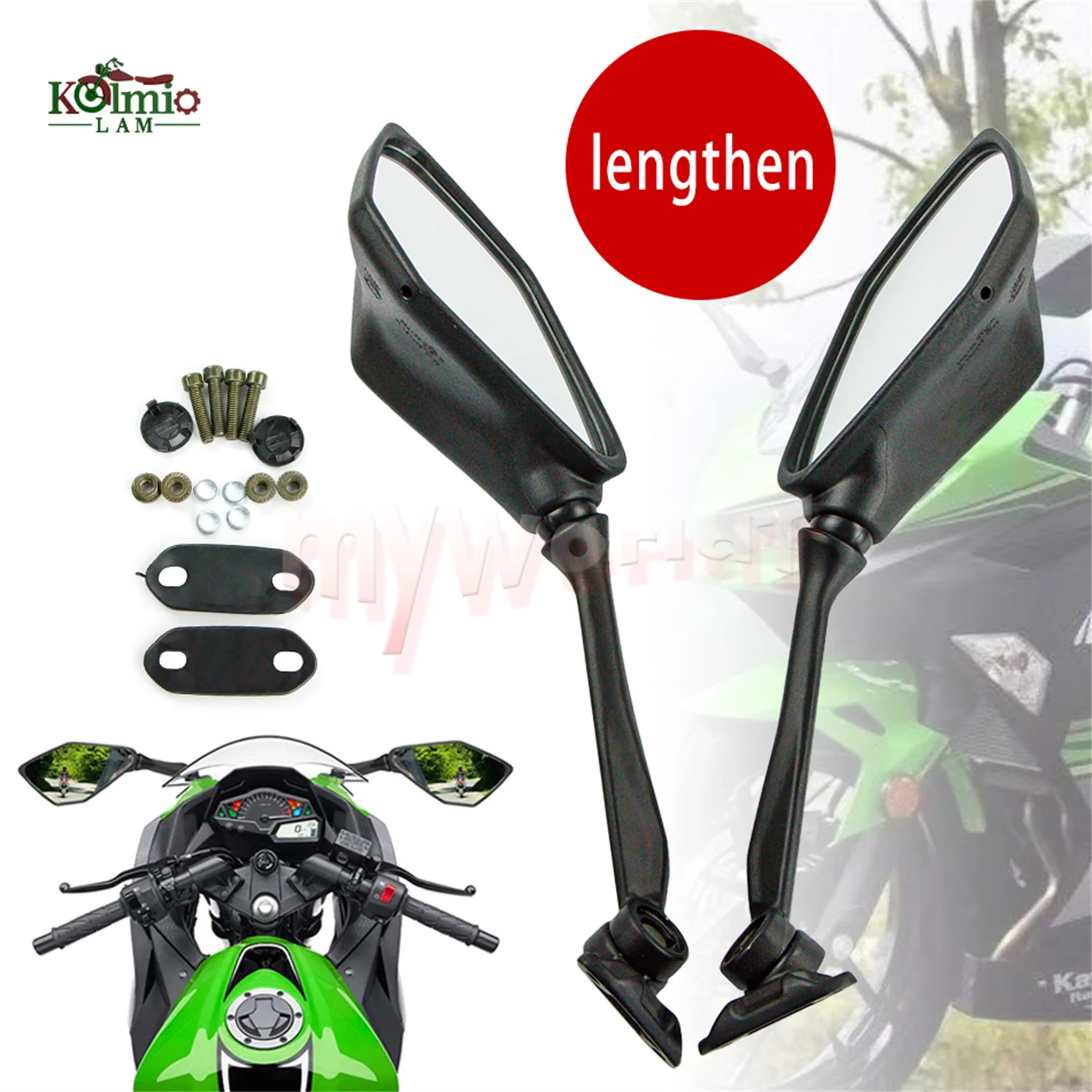 Lengthen Rear View Side Mirror Fit For KAWASAKI NINJA 300 250 400 650 ER-6F ZX6R ZX636 ZX-6R ER6F EX300 EX250 EX400 EX650