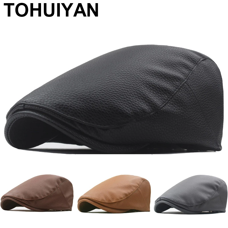 New Cold Weather Mens Caps Solid Faux Leather Berets Hats Outdoor Gorro Hombre Driving Ivy Hat Soft Warm Newsboy Cap For Dad