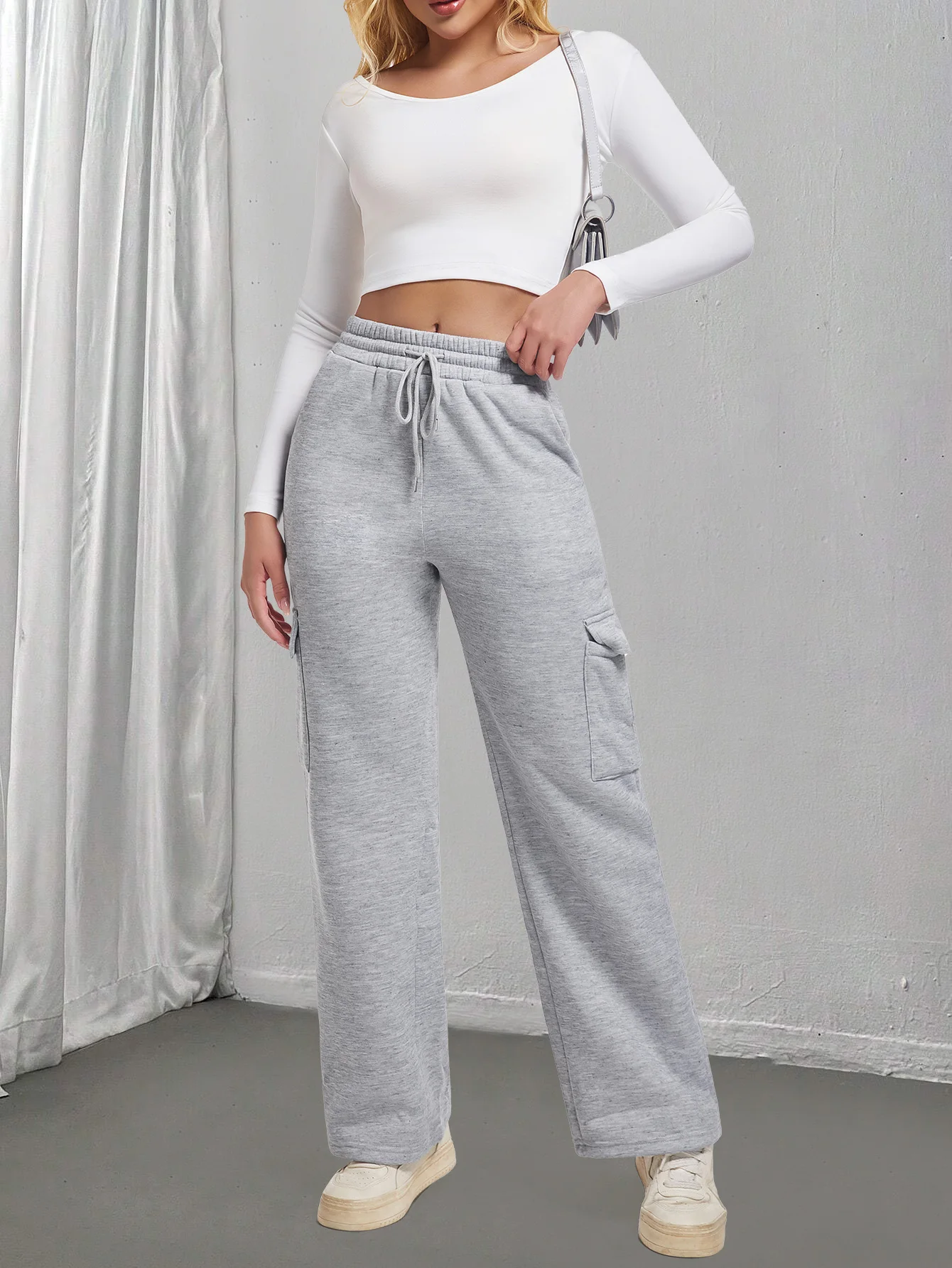 Women Drawstring Elastic Waist Cargo Wide Leg Sweatpants, Casual Multi Pocket Loose Straight Trousers