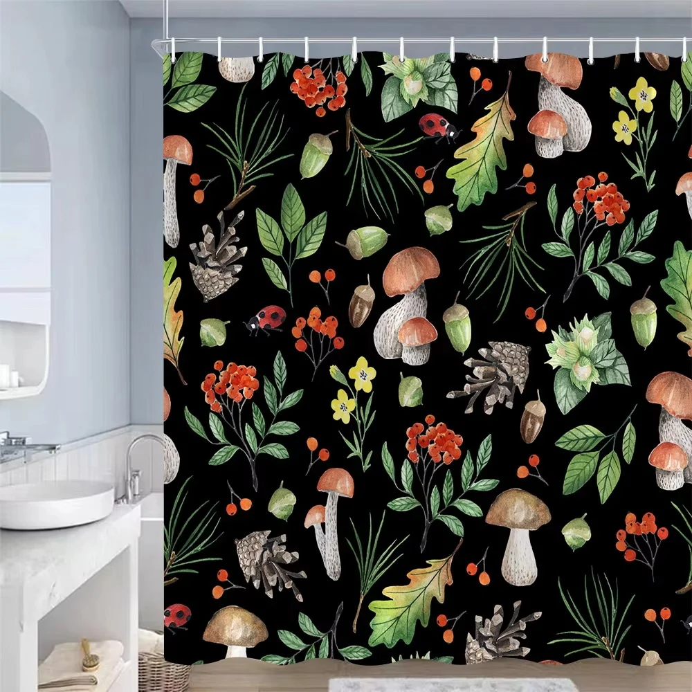 Vintage Mushroom Shower Curtains Nature Forest Woodland Butterfly Plants Flowers Animals Black Bathroom Curtain Decor with Hooks