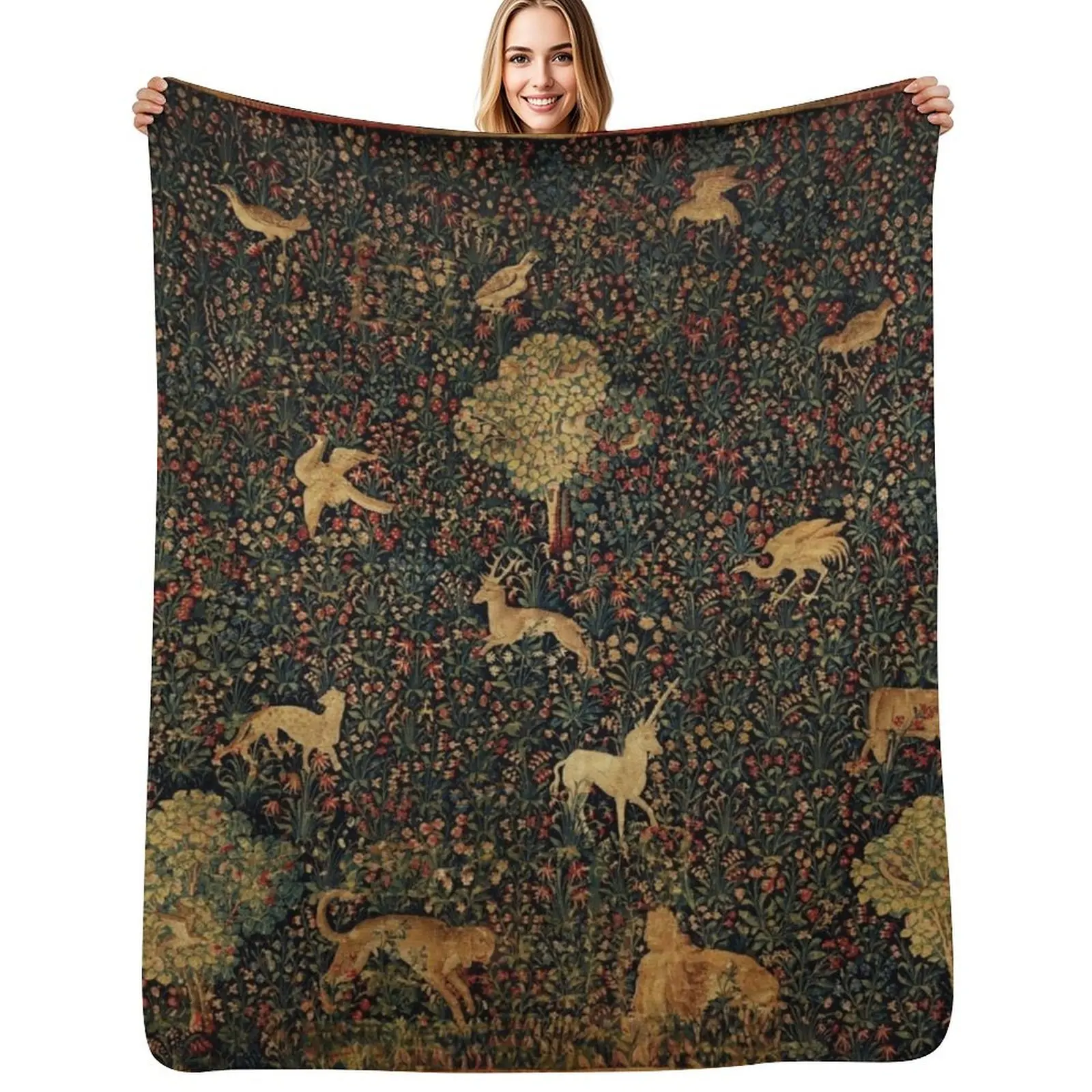 

UNICORN AND MEDIEVAL BESTIARY Millefleurs Red Green Floral Tapestry ,Forest Animals, Throw Blanket Thins Cute Plaid Blankets