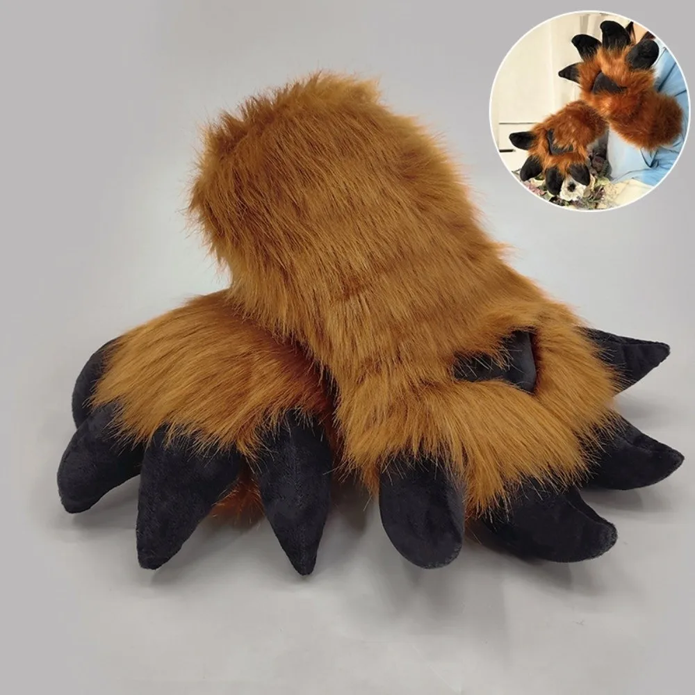 New Cartoon Animal Fursuit Paw Gloves with Nails Faux Fur Cosplay Dragon Paw Glove Thicken Handmade Furry Gloves Gifts