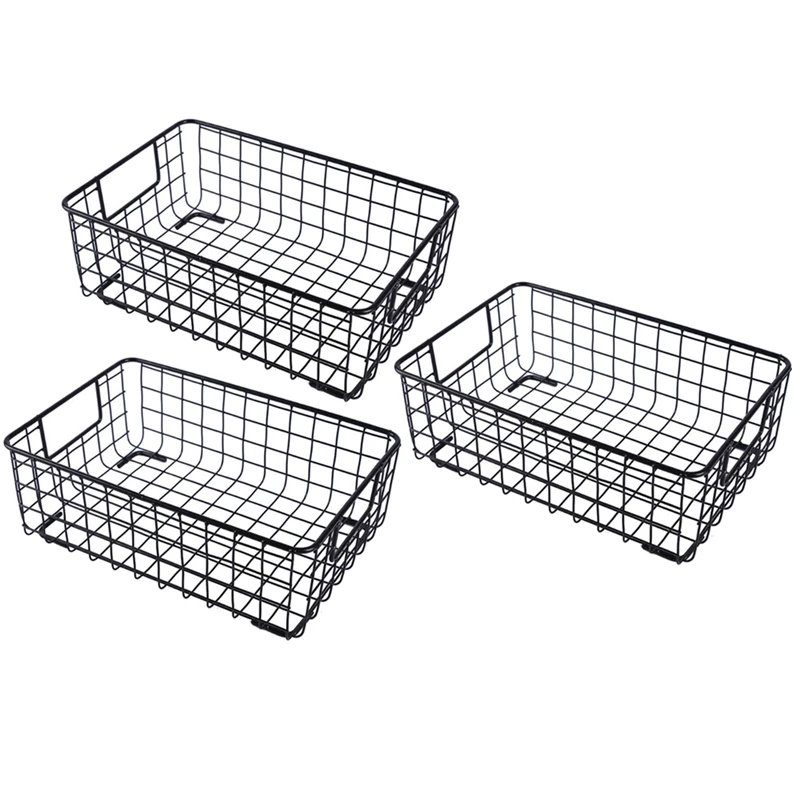 

3X Creative Metal Wire Storage Basket With Handle Wrought Iron Sundries Container Kitchen Black