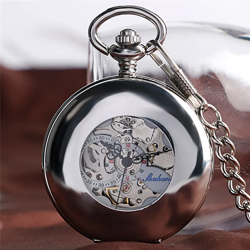 Vintage Silver Smooth Case Half Hunter Unisex Automatic Mechancial Pocket Watches with Roman Numbers Pendant Skeleton Chain Gift