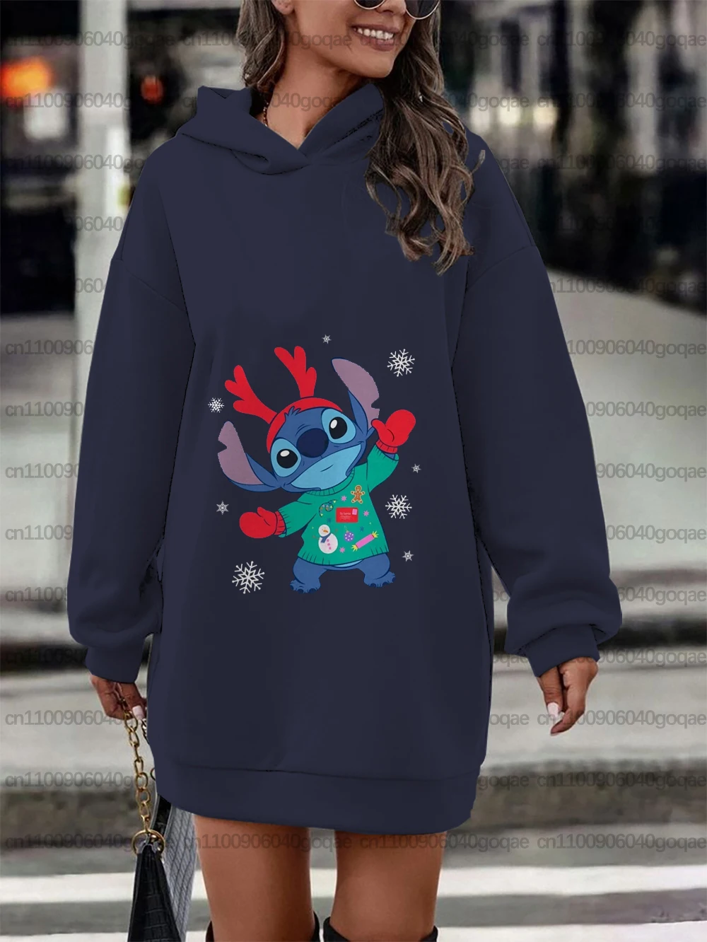 Herbst/Winter Weihnachten Disney Stitch Damen Kleid Warm Party Sweatshirt Damen Print Mode Y2K Stil Top Sweatshirt Kleid