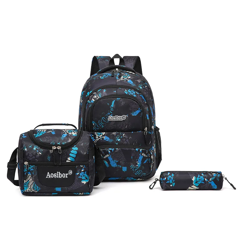 3Pcs Men Backpack Set Waterproof Oxford School Bag for Student Insulation Lunch Bag Pencil Case Bookbag