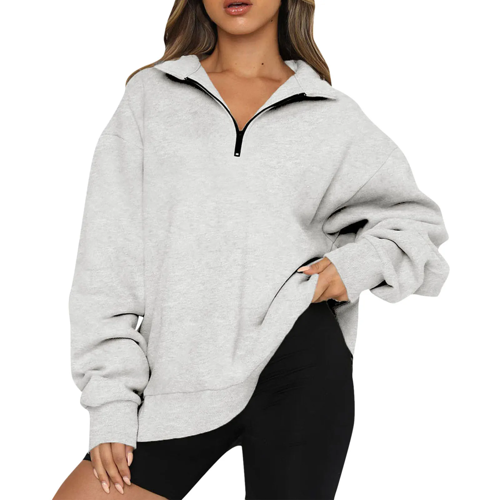 Womens Oversized Sweatshirt Half Zip Pullover Long Sleeve Solid Autumn Winter Hoodie Sweater Girls Vintage Streetwear Sweatshirt