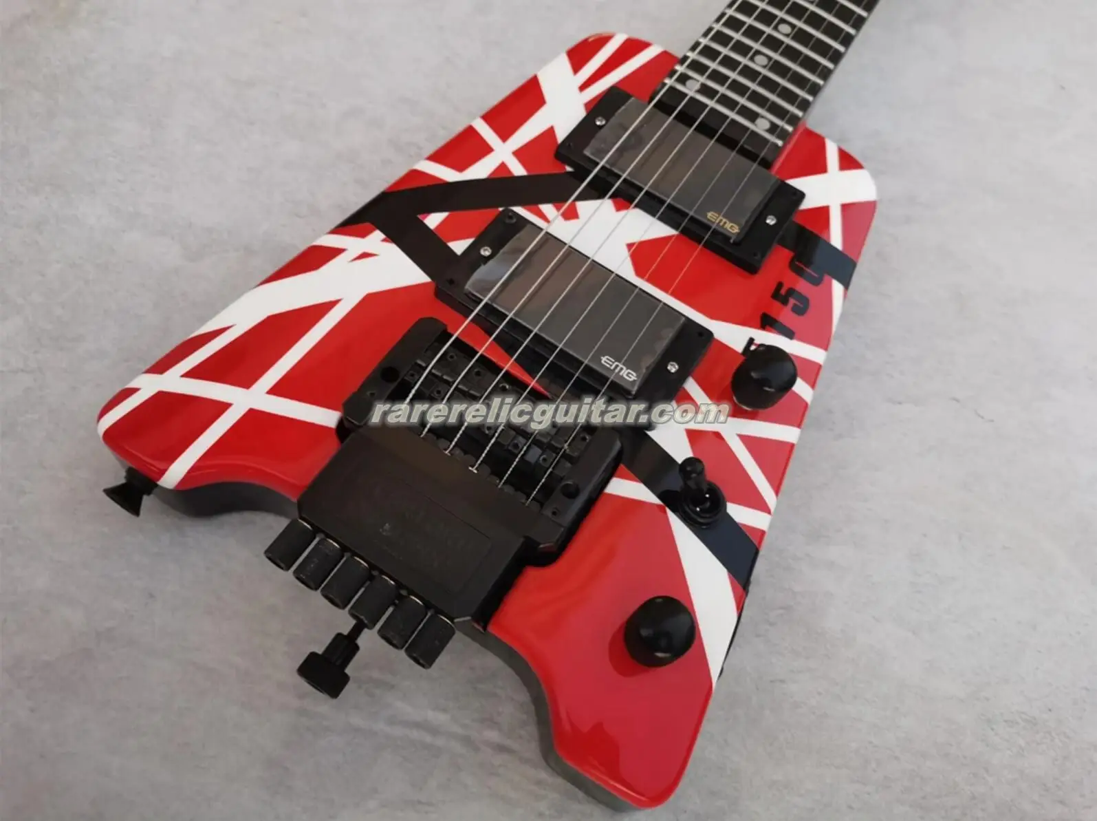 High Quality 5150 Red White Black Stripes Headless Edward Van Halen Electric Guitar EMG Pickups Tremolo Bridge Black Hardware