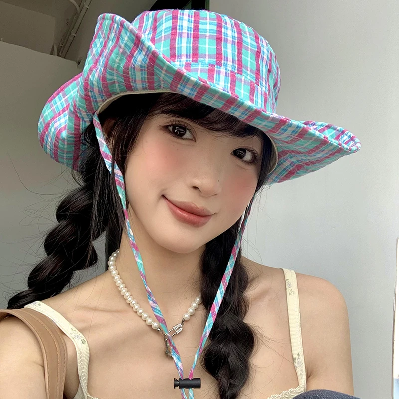 

Fashion Ins Color Matching Plaid Bucket Hat Spring and Summer Korean Casual Mountaineering Big Brim Sunshade Sun Cap for Women's