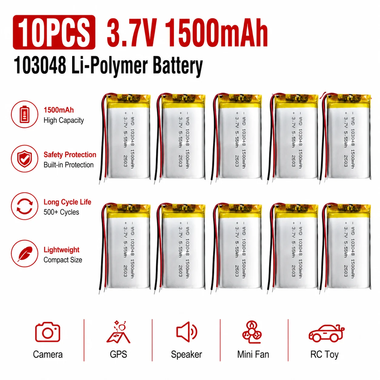 10PCS 103048 3.7V 1500mAh LiPo Battery Lithium Polymer Replacement Battery for Camping Light Headlamp Speaker