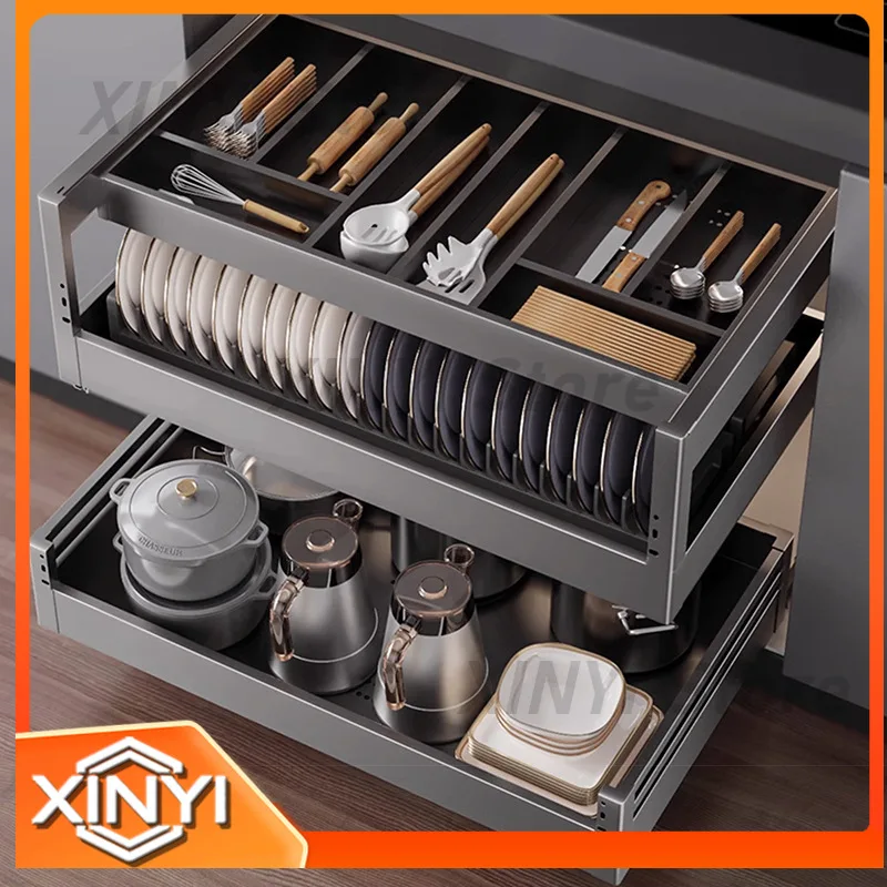 for Kitchen Cabinet Pull Out Basket Drawer Type Three Layer Aluminum Alloy Slide Out Shelf Bowl Dish Rack Storage Organizer