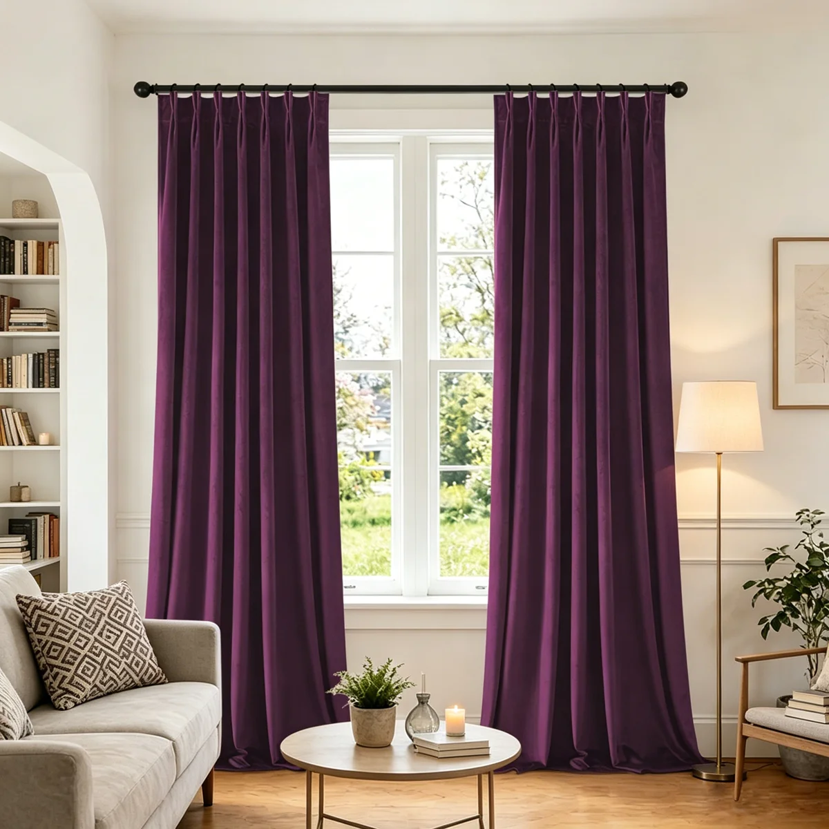 

2 Panels Deep Purple Velvet Pinch Pleat Curtains, Luxury Vintage Blackout Drapes for Living Room & Bedroom