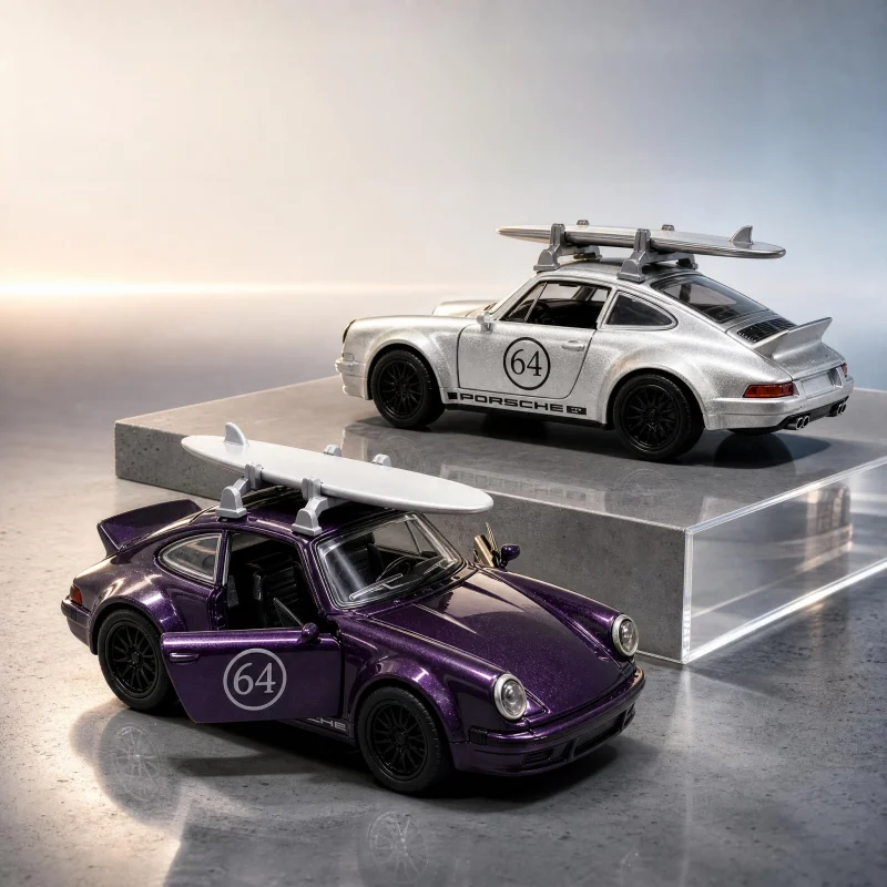 Vintage Alloy Sports Car Model with Detachable Surfboard, Pull Back Car, Open Doors, Collectible Display Decoration, Silver & Pu