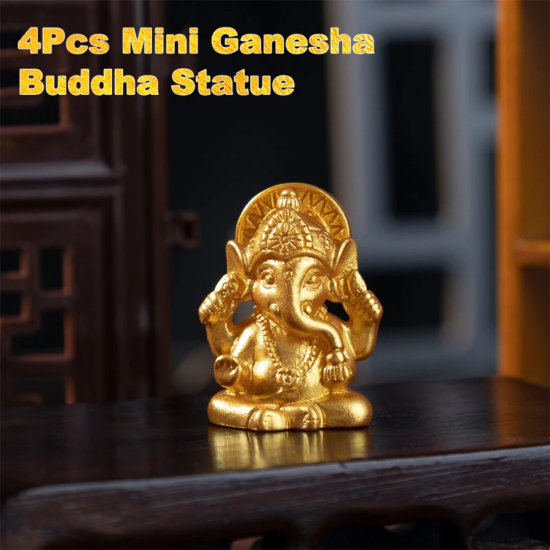 4Pcs Mini Ganesha Buddha Statue Gold Elephant God Ganesh Sculpture Figurines Home Decor Desktop Ornament