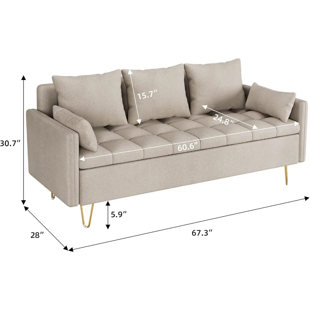 Sofa Couch Faux Leather 3-Seater Sofas with Hand Stitched Comfortable Cushion, Modern Design with Gold Metal Legs and Lift-Up