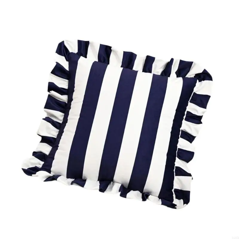 62KD Decorative Ruffled Cushion Case Soft Polyester Fabric Striped Pattern Home Accent Square Throw Pillow Cover