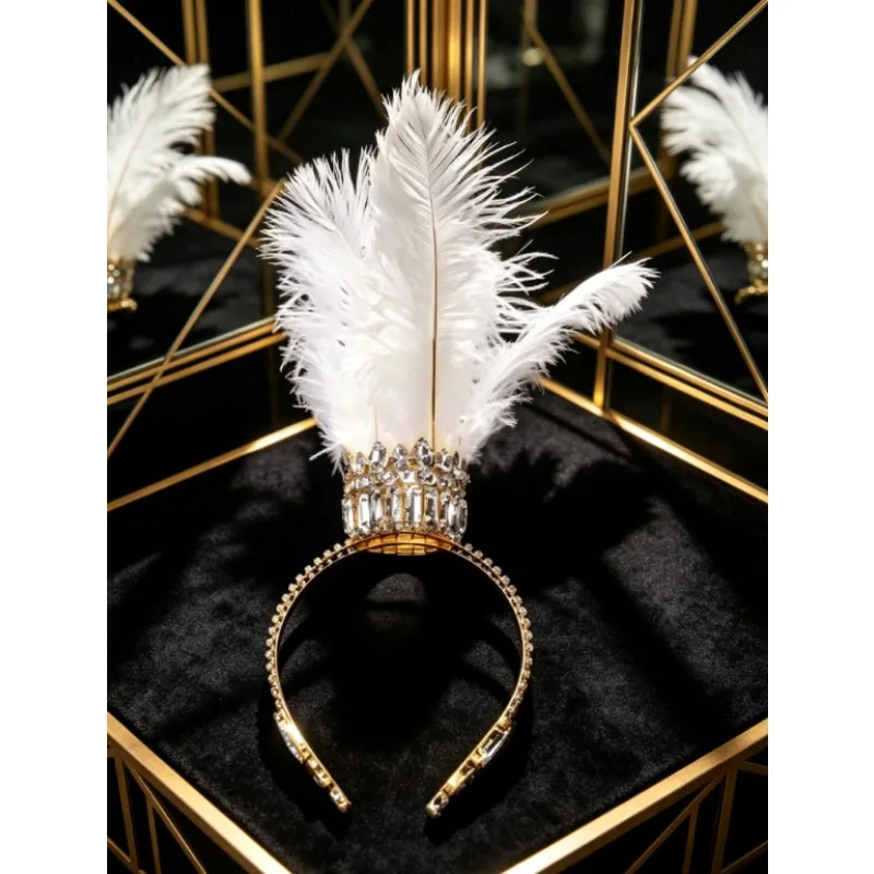 Roaring 20s Flapper Feather Crown Headband, Crystal Rhinestone Beaded Tiara, Sparkling Party Prom Wedding Hair Accessory for Her