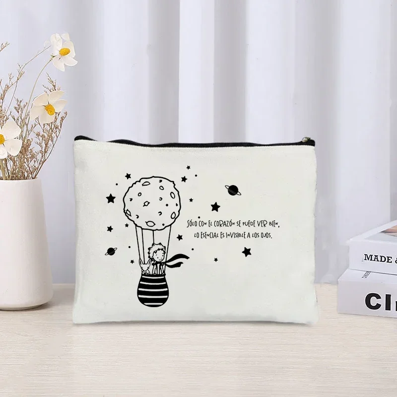 Cartoon Little Prince and Fox Makeup Bag Eco Canvas Women Travel Cosmetic Organizer Toilet Pouch Side Bag for Ladies Cute Purse