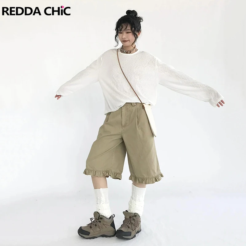 

REDDACHiC Khaki Ruffled Jeans Jorts for Women Pleated Pockets High Waist Wide Leg Bermuda Pants Casual Shorts Summer Clothes