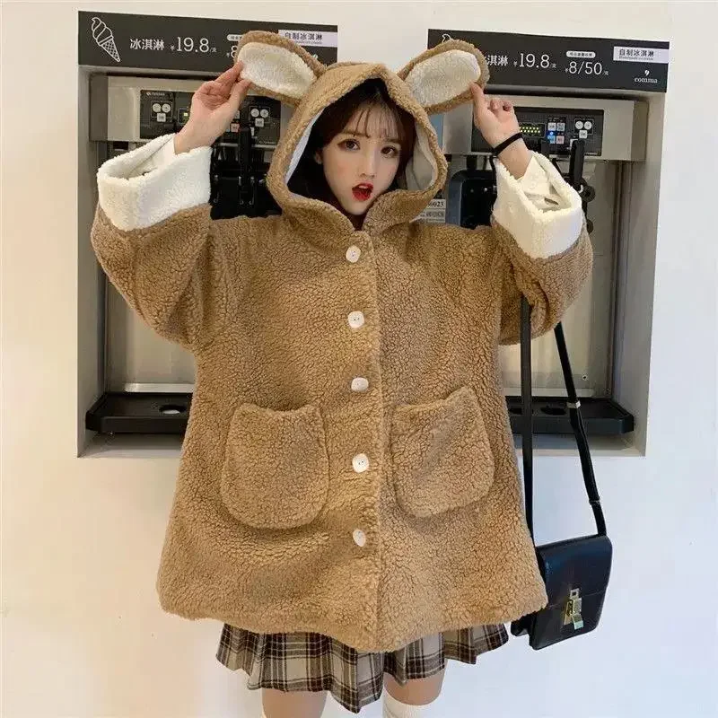 

Cute Rabbit Ears Long-sleeve Plus Velvet Thick Loose Casual Jackets Imitation Lamb Down Sweatshirts Single Breasted Big Pocket