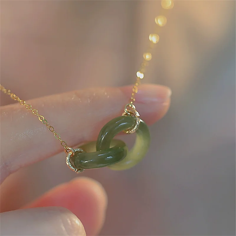 Classic Circles Interlock Jade Pendant Necklace Women Jewelry Luxury 925 Sterling Silver Clavicle Chain Necklace Female Gift