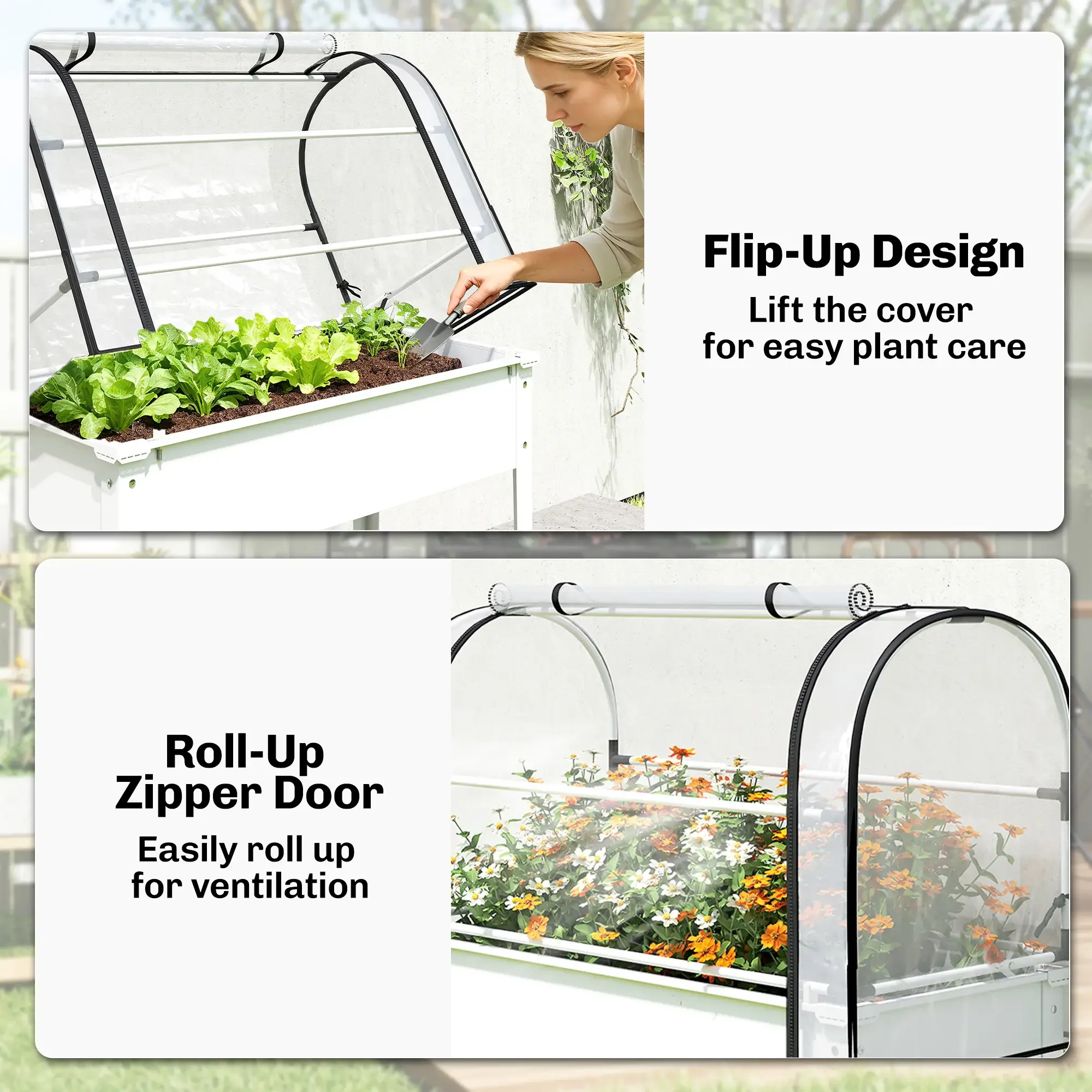 Elevated Raised Garden Bed with Mini Greenhouse Cover, Metal Planter Box with Roll-Up Transparent Greenhouse Lid, for Indoor & Outdoor Flowers & Herbs