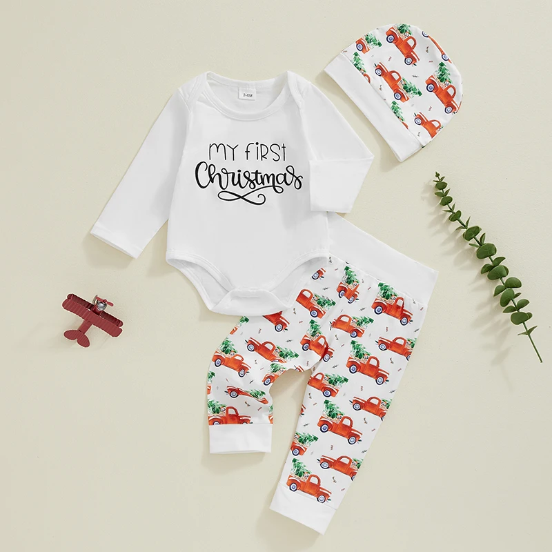 2024-06-14 Lioraitiin 0-18M Baby Boy Girl Christmas Outfit, Letter Print Long Sleeve Romper Elastic Waist Pants Hat 3 Piece Set