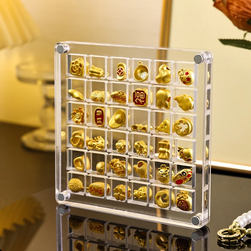 36/64/100グリッド小型金豆収納ボックスアクリルゴールドトランスファーペンダントコンパートメントコレクションボックス抗酸化ディスプレイボックス