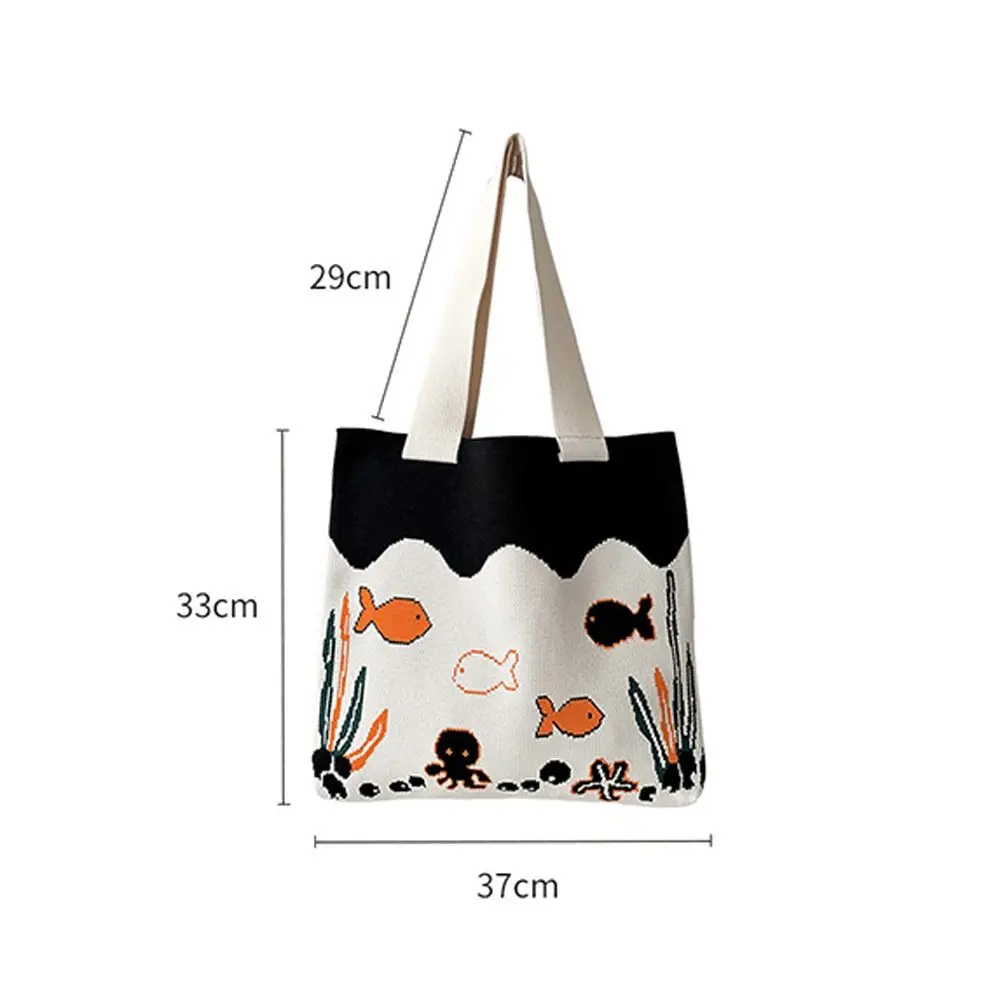 Women Cute Cartoon Octopus Pattern Shoulder Bag Knitted Handbags Casual Large Capacity Tote Bags Girls Reusable Shopping Bags