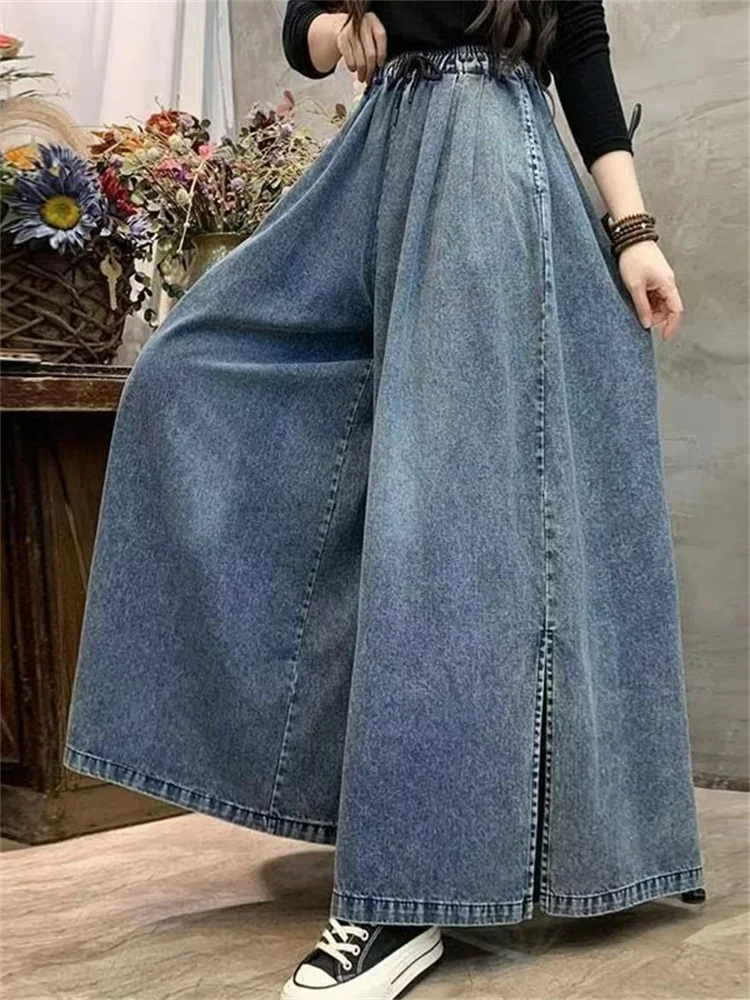 

2025 Spring Summer High Waist Split Wide Leg Jeans Skirt Women Vintage Loose Casual Denim Culottes Trousers