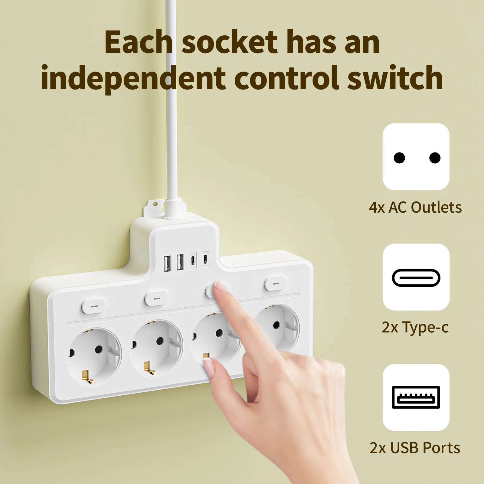 لوحة طاقة 8 في 1 من الاتحاد الأوروبي، لوحة توصيل سلك تمديد الطاقة متعددة المفاتيح، 4 مقابس تيار متردد، 2 USB 2 Type-C، ثابت شحن جدار سطح المكتب