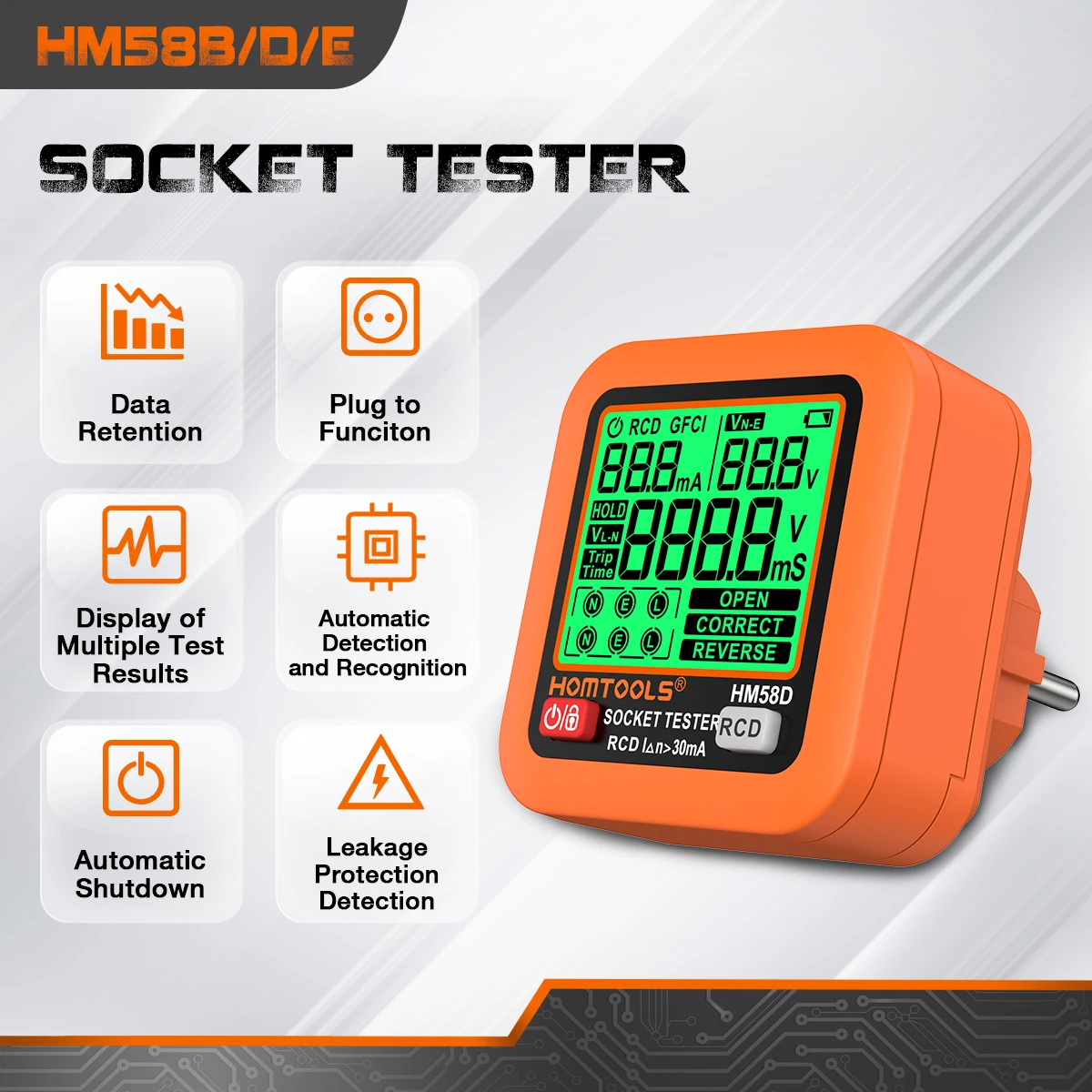 HOMTOOLS HM58 Digitaler Steckdosentester, intelligenter Spannungsdetektor, RCD, Boden, Nulllinie, Polarität, Phasenprüfung, Werkzeug, Schaltungsprüfer