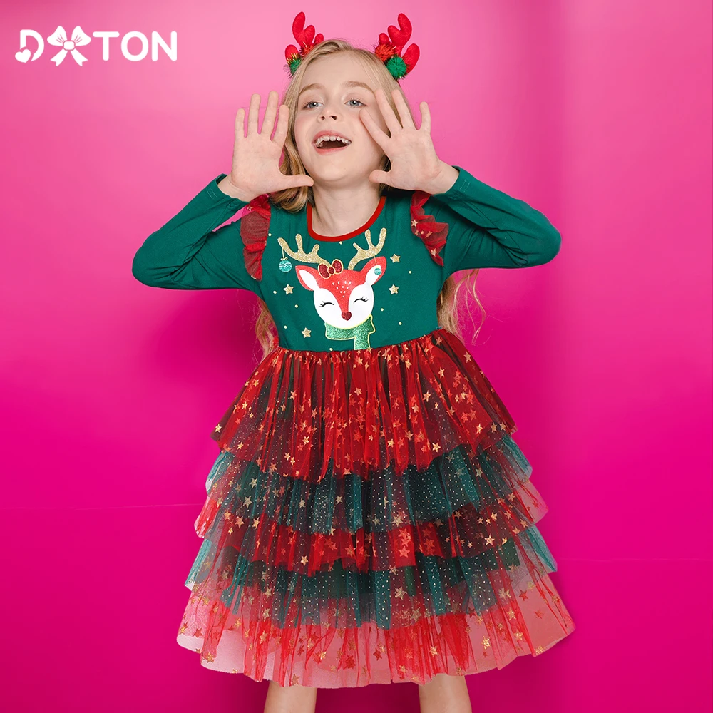 DXTON Princess Dress For Girls Christmas Gift Elk Printed Children New Year Party Clothing Winter Layered Mesh Kids Xmas Dress