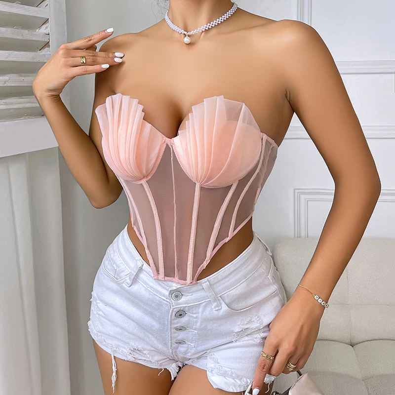 New Creative Fashion Cropped Sexy Pleated Mesh See Through Tight Pink Corset with Bra Youth Women's Strapless Top 2000s Clothes