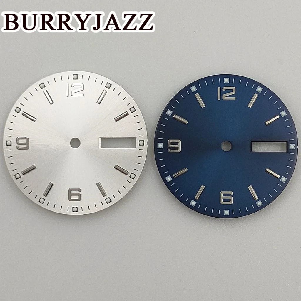 BURRYJAZZ 28.5mm No Logo NH36 Watch Dials Silver Blue Dial Green Luminous Fit 3 O'clock 3.8 O'clock 4.2 O'clock Case Crown