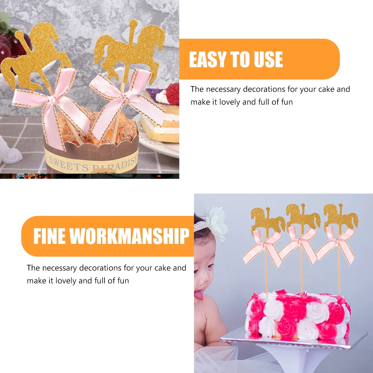 

50Pcs Carousel Horse Cake Picks Paper Bamboo Birthday Party Decorations Cupcake Toppers Dessert Food Decor Festival Supplies