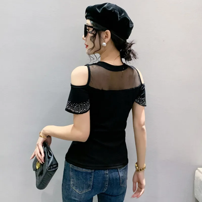 New Summer Chic Hollow Out Short Sleeved Women\'s T-Shirt Fashion O-Neck Hot Diamond Ruffles Tees High Elastic Cotton Tops Blouse