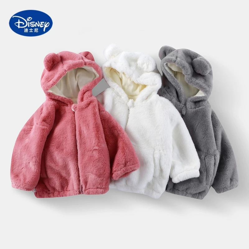 

Disney Kids' 2025 Fall Winter Jacket | Solid Color Hooded Fleece Coat with Ear Design, European Style Zipper Jacket