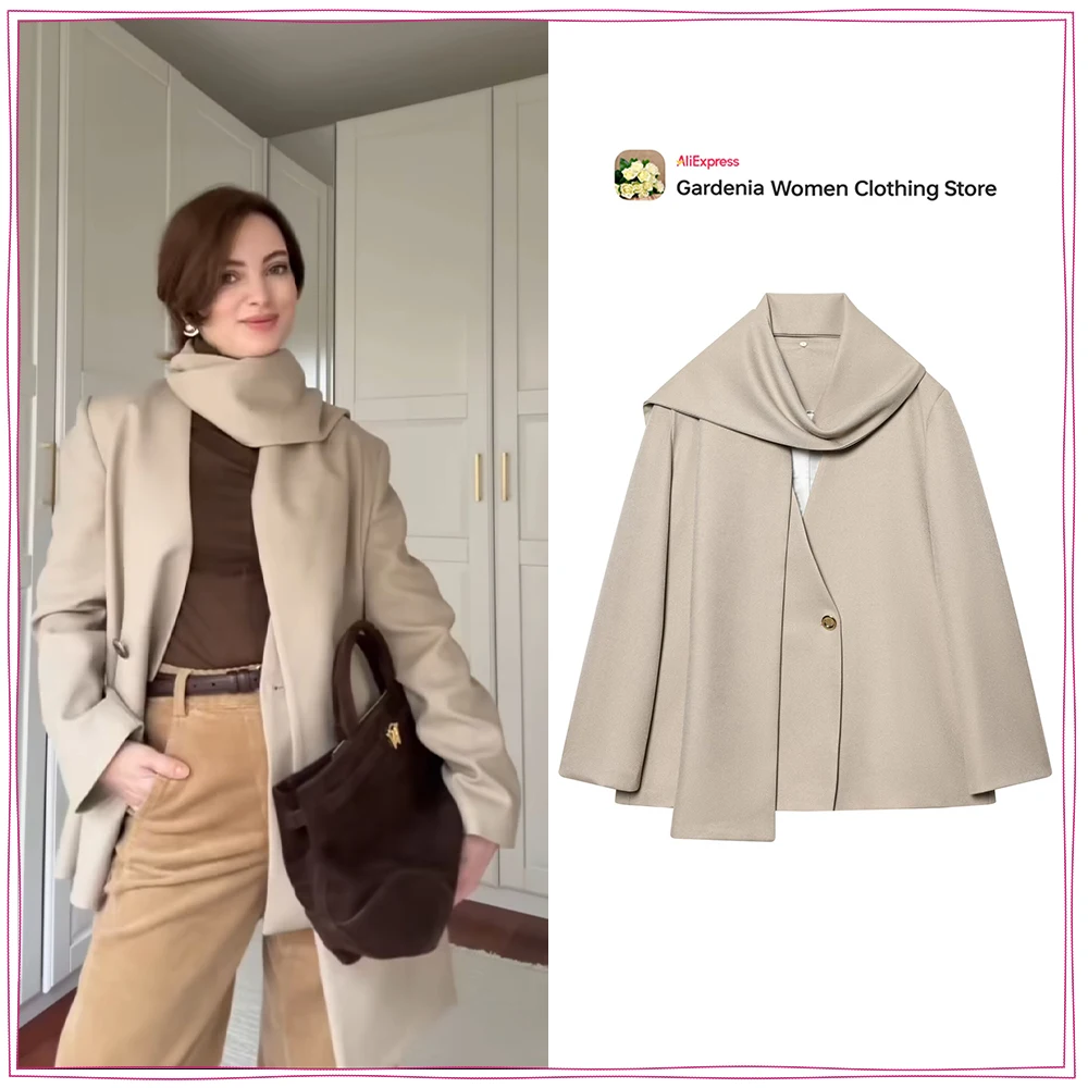 Elegant Chic Scarf Collar Blazers for Women Stylish Collarless Suits with Detachable Scarf New Spring Casual Blazer with Pockets