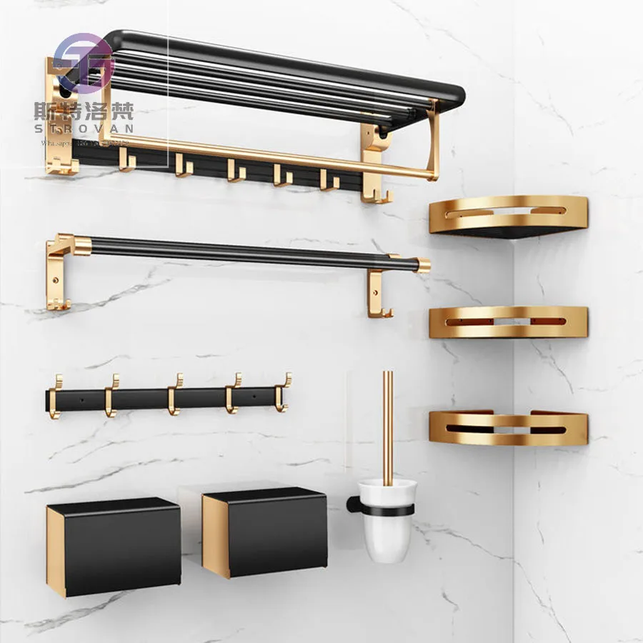 

Aluminum Folding Storage Rack Hardware Accessories Set Black and Gold Towel Rack Shelf Bathroom Products