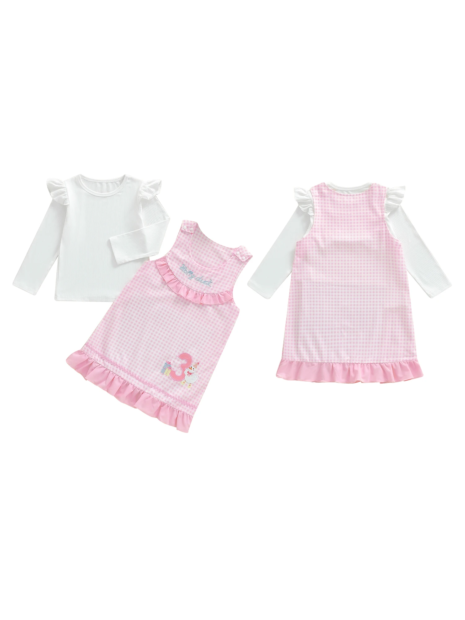 Dwuczęściowy zestaw dla dziewczynek: bluzka z długim rękawem i okrągłym dekoltem oraz sukienka ogrodniczka z denimu, strój urodzinowy dla dzieci.