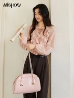 MISHOW Pink Ruffled Blouse for Woman 2025 Autumn New Elegant Sweet V-neck Lace-up Design Shirt Lantern Sleeves Top MXE49X2504 - Image 3
