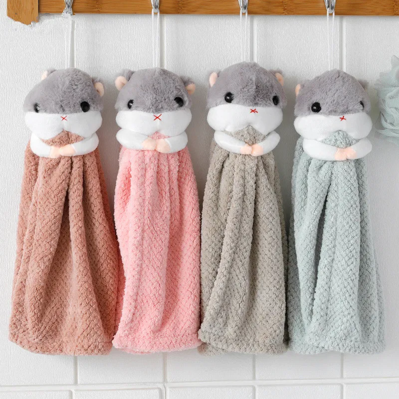 1Pc Coral Fleece Cartoon Hamster Hanging Hand Towel Soft Absorbent Kitchen Bathroom Dish Cloth