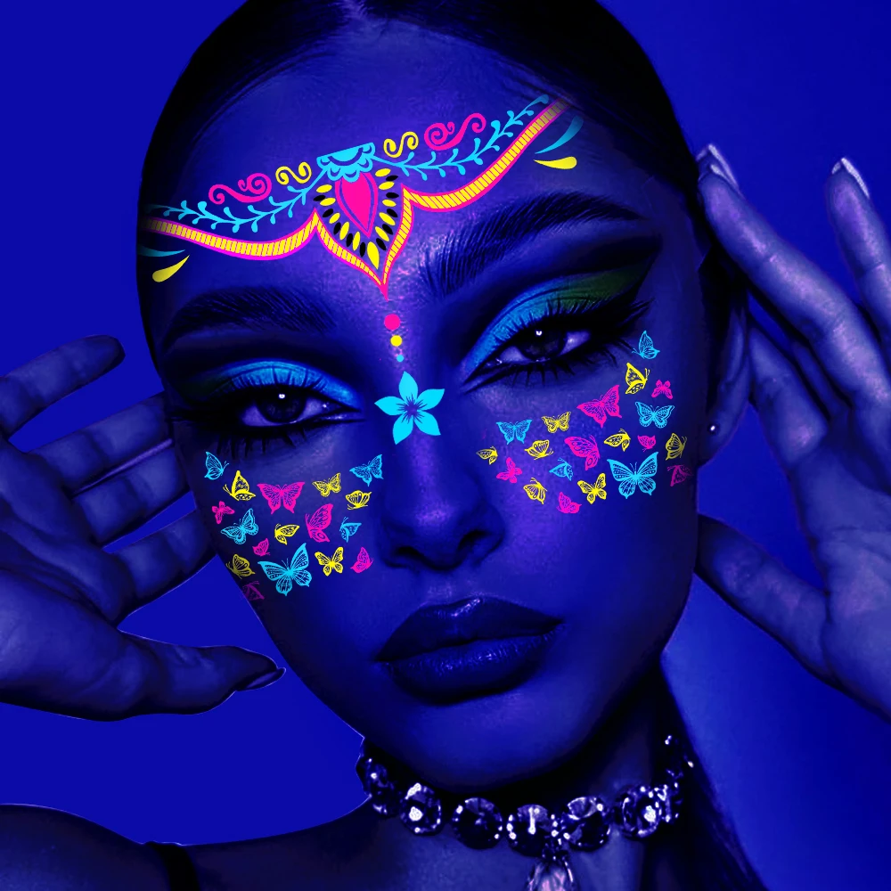 1/4/8Pcs Waterproof Temporary Fluorescent Face Stickers 15x14cm Halloween Neon Face Decal Music Festival Party Face Slider