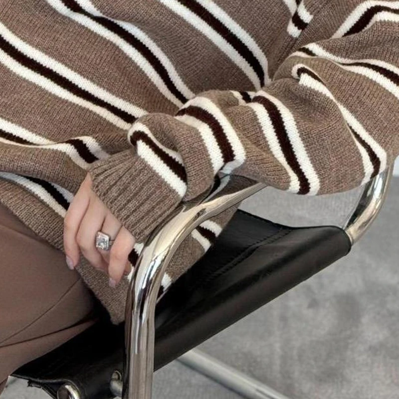 

Женская полосатая толстовка с воротником и планкой на пуговицах, мягкий эластичный пуловер с круглым вырезом, свитер на осень